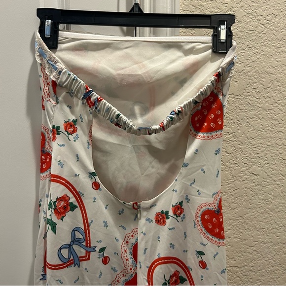 For Love & Lemons Daisy Mae Heart Cherry Print Strapless Ruffle Midi Dress - Picture 11 of 12